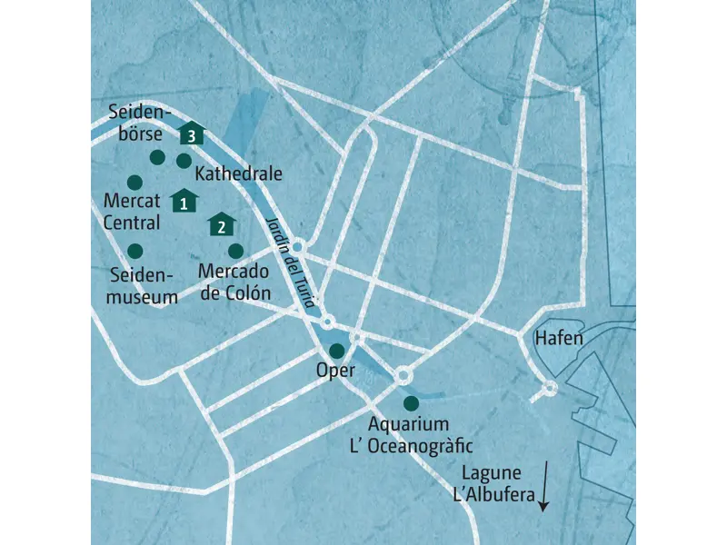 Karte der Städtereise Valencia mit Highlights wie der Lonja de la Seda, dem Mercado Central und dem Naturpark Albufera.