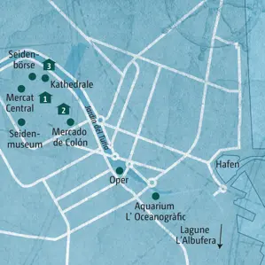 Karte der Städtereise Valencia mit Highlights wie der Lonja de la Seda, dem Mercado Central und dem Naturpark Albufera.