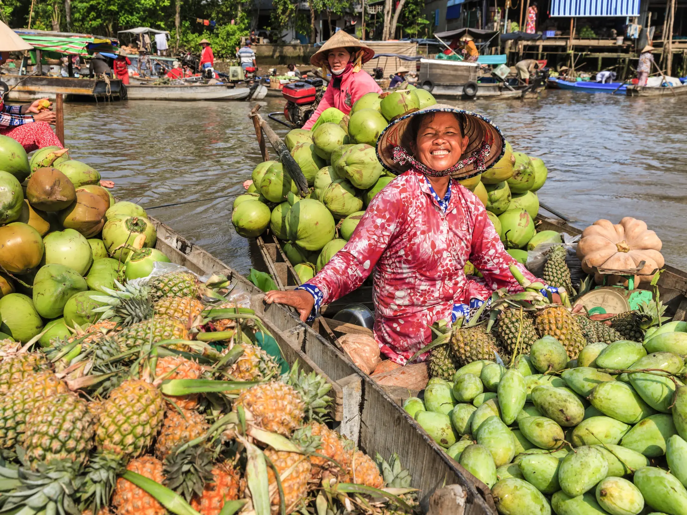 Lächelnde Verkäuferin mit Kegelhut auf ihrem Boot voller Ananas und Kokosnüsse auf einem schwimmenden Markt im Mekongdelta.