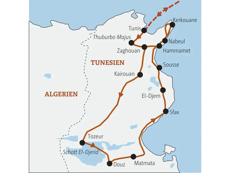 Karte der Marco Polo Rundreise in Tunesien: Die Route führt von Tunis über Kairouan, Tozeur, Sfax und Hammamet zurück.
