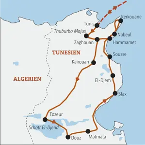 Karte der Marco Polo Rundreise in Tunesien: Die Route führt von Tunis über Kairouan, Tozeur, Sfax und Hammamet zurück.