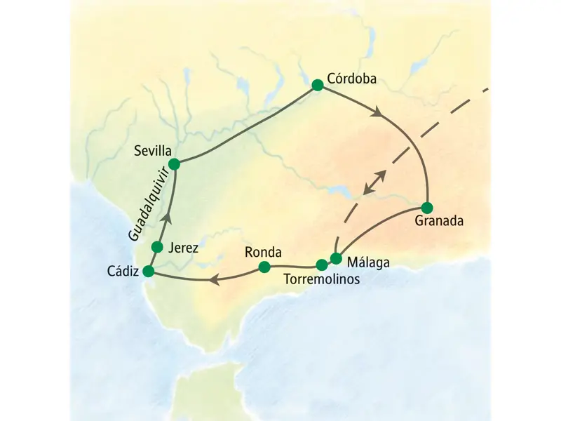 Reiseroute der Studiosus Studienreise durch Andalusien von Málaga über Ronda, Cádiz, Sevilla, Córdoba und Granada.
