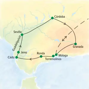 Reiseroute der Studiosus Studienreise durch Andalusien von Málaga über Ronda, Cádiz, Sevilla, Córdoba und Granada.