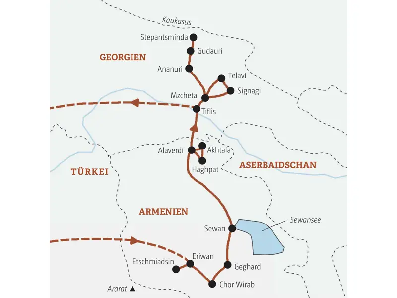 Karte der Kleingruppenreise in Armenien und Georgien, die von Eriwan über den Sewansee und Stepantsminda nach Tiflis führt.