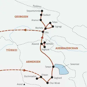 Karte der Kleingruppenreise in Armenien und Georgien, die von Eriwan über den Sewansee und Stepantsminda nach Tiflis führt.