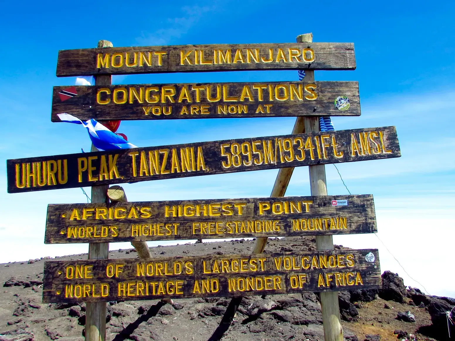 Nahaufnahme des hölzernen Gipfelschilds am Uhuru Peak (5.895 m) als Ziel der Kilimanjaro-Besteigung in Tansania.