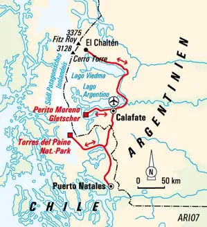 Karte der Trekkingreise in Patagonien: Route von El Calafate über El Chaltén zum W-Trek im Torres del Paine Nationalpark.