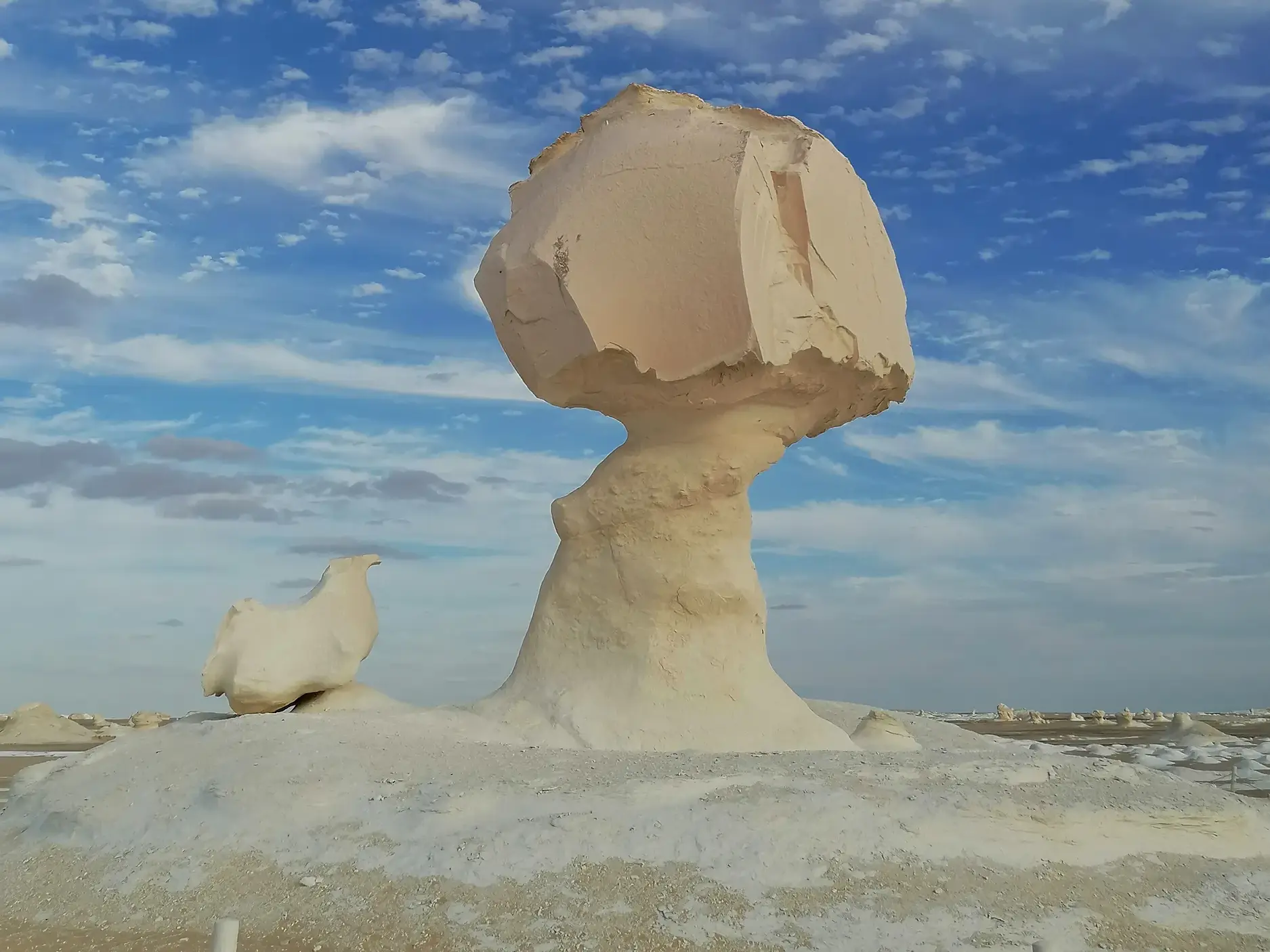 Vom Wind geformte Pilz- und Huhn-Felsformationen aus Kalkstein in der surrealen Landschaft der Weißen Wüste Ägyptens.