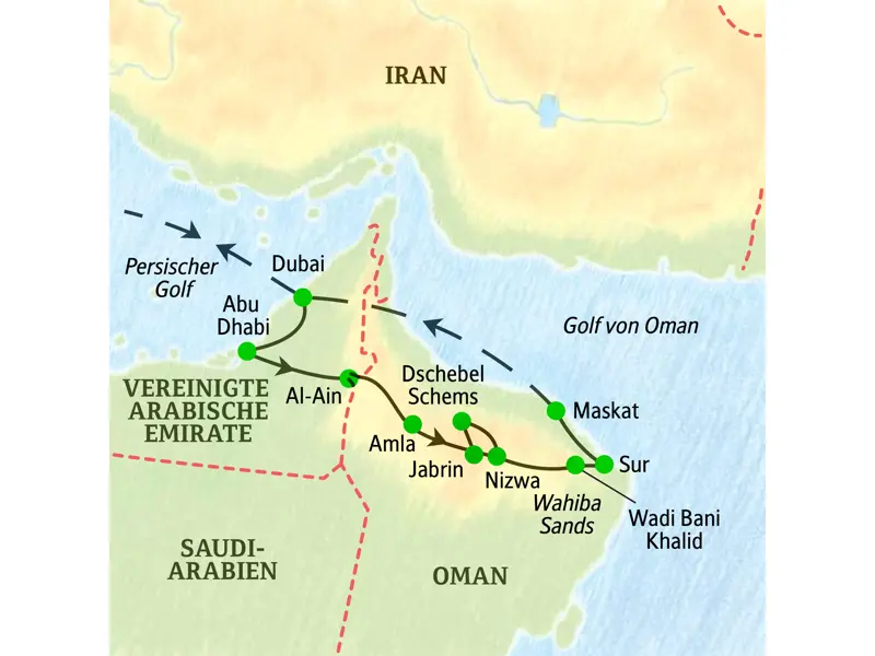 Karte unserer Studienreise in die VAE und den Oman, die von Dubai über Abu Dhabi, Nizwa und Sur bis nach Maskat führt.