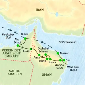 Karte unserer Studienreise in die VAE und den Oman, die von Dubai über Abu Dhabi, Nizwa und Sur bis nach Maskat führt.