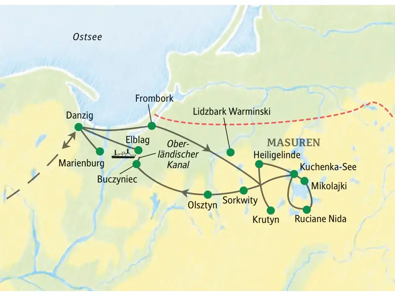 Karte der Studiosus-Rundreise in Nordpolen. Route von Danzig durch Masuren mit Olsztyn, Elblag und Marienburg.