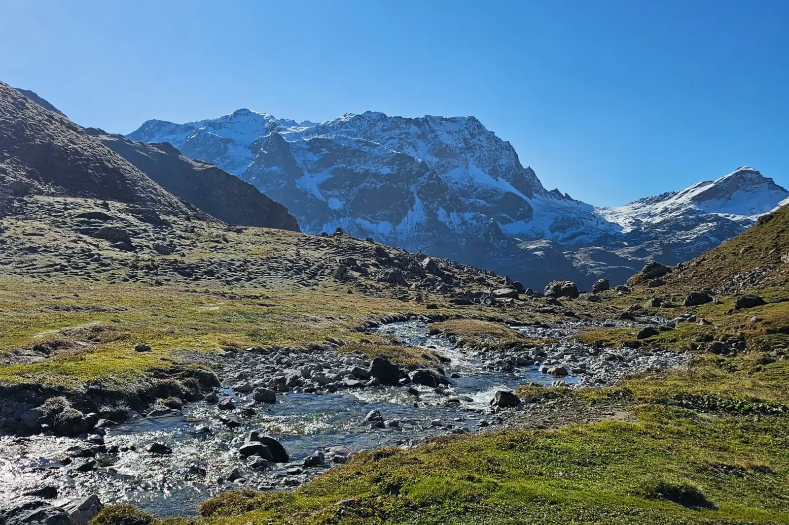 Ein klarer Bergbach fließt durch ein sonniges Alpental in Graubünden, im Hintergrund erheben sich schneebedeckte Alpengipfel.