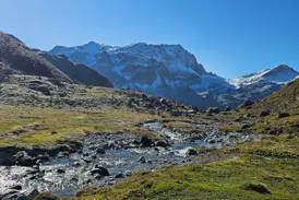 Ein klarer Bergbach fließt durch ein sonniges Alpental in Graubünden, im Hintergrund erheben sich schneebedeckte Alpengipfel.
