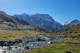 Klarer Bergbach auf einer Wanderung in den Graubündner Alpen mit Blick auf schneebedeckte Gipfel bei Bivio.