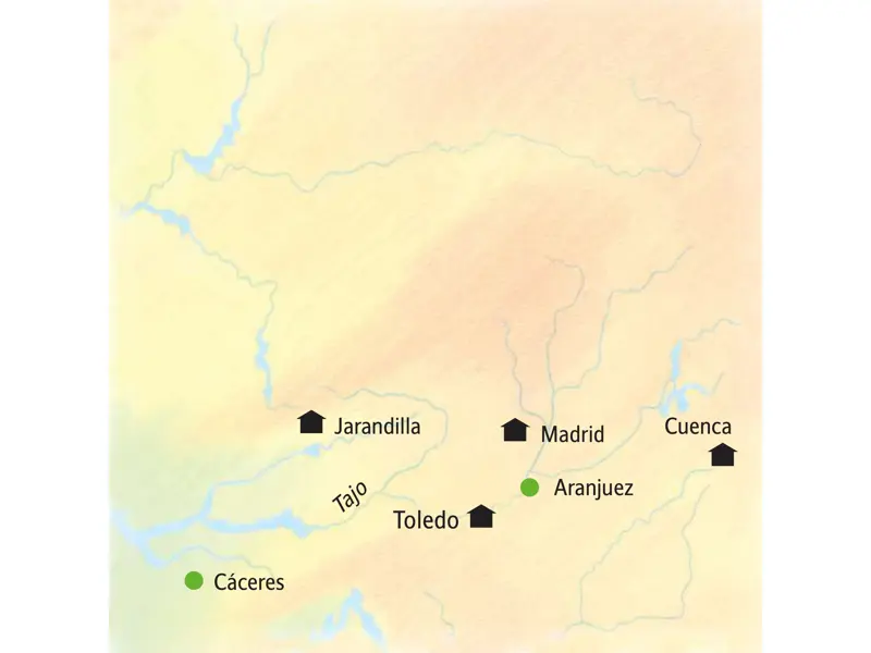Karte der Studiosus-Reise durch Kastilien und die Extremadura von Madrid über Cuenca, Toledo und Jarandilla de la Vera.