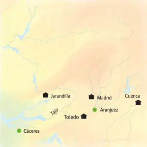 Karte der Studiosus-Reise durch Kastilien und die Extremadura von Madrid über Cuenca, Toledo und Jarandilla de la Vera.