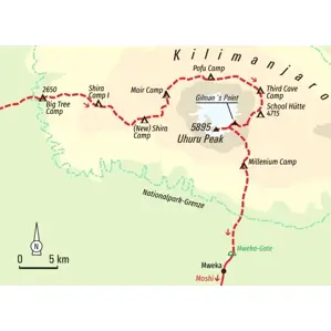 Karte des Hauser Trekkings am Kilimanjaro über den Northern Circuit. Die Route führt von Moshi über diverse Camps zum Uhuru Peak.