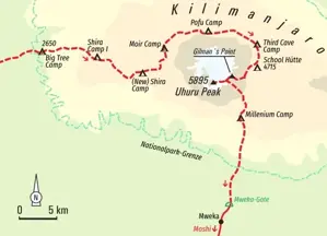 Karte des Hauser Trekkings am Kilimanjaro über den Northern Circuit. Die Route führt von Moshi über diverse Camps zum Uhuru Peak.
