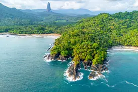 Luftaufnahme der wilden, bewaldeten Küste von São Tomé mit Blick auf den markanten Vulkanfelsen Pico Cão Grande am Horizont.