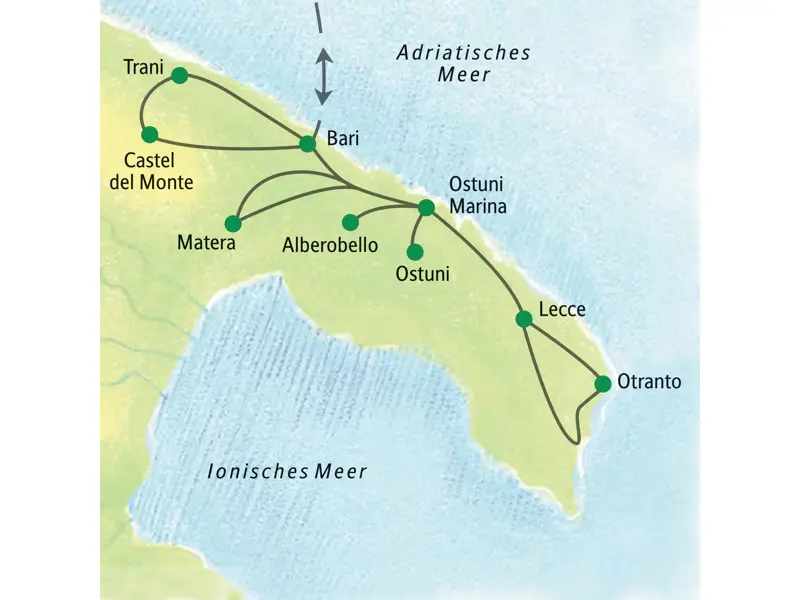 Übersichtskarte der Studienreise in Apulien mit der Route von Bari über Trani, Castel del Monte, Matera, Lecce und Otranto.