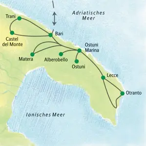 Übersichtskarte der Studienreise in Apulien mit der Route von Bari über Trani, Castel del Monte, Matera, Lecce und Otranto.
