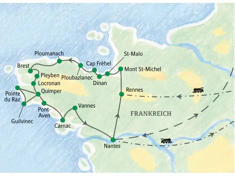 Routenverlauf der Studiosus-Studienreise in der Bretagne von Rennes über St-Malo, Brest, Quimper und Carnac nach Nantes.