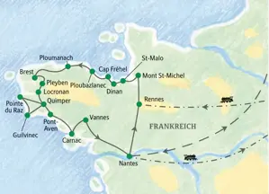 Routenverlauf der Studiosus-Studienreise in der Bretagne von Rennes über St-Malo, Brest, Quimper und Carnac nach Nantes.