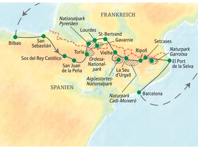 Karte der Studiosus-Wanderreise durch die Pyrenäen: Route von Bilbao über San Sebastián am Atlantik bis nach El Port de la Selva am Mittelmeer.