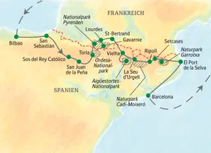 Karte der Studiosus-Wanderreise durch die Pyrenäen: Route von Bilbao über San Sebastián am Atlantik bis nach El Port de la Selva am Mittelmeer. 