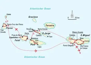 Karte der Hauser Wanderreise auf den Azoren mit der Reiseroute von São Miguel über São Jorge, Pico, Faial und Flores.