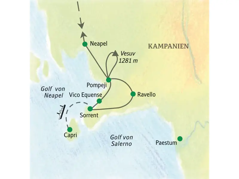 Reiseroute der Studiosus-Studienreise am Golf von Neapel von Neapel über Pompeji, Ravello und Sorrent bis nach Capri.
