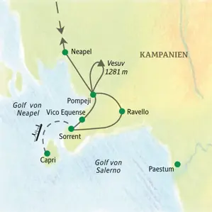 Reiseroute der Studiosus-Studienreise am Golf von Neapel von Neapel über Pompeji, Ravello und Sorrent bis nach Capri.