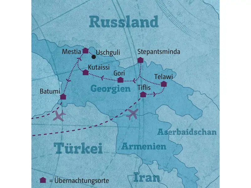 Reiseroute der Georgien-Rundreise: Start in Tiflis über Telawi, Stepantsminda, Kutaissi, Mestia und Uschguli nach Batumi.