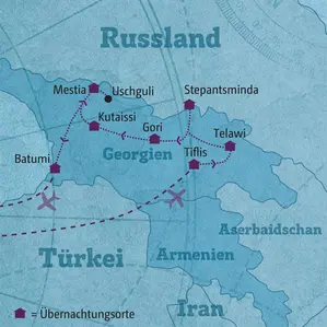 Reiseroute der Georgien-Rundreise: Start in Tiflis über Telawi, Stepantsminda, Kutaissi, Mestia und Uschguli nach Batumi.