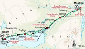 Karte der Radreise in Ostkanada: Die Route führt von Toronto entlang des Ontario-Sees über Kingston nach Montreal.