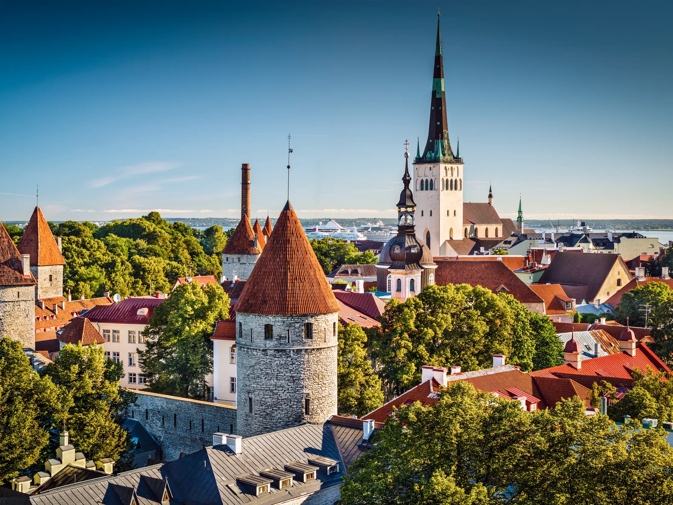 Blick vom Domberg über die roten Dächer und Wehrtürme der Unterstadt von Tallinn zur Ostsee bei strahlendem Sonnenschein.