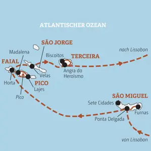Unsere Reiseroute der Rundreise auf den Azoren startet auf São Miguel und führt über Faial, Pico, São Jorge nach Terceira.