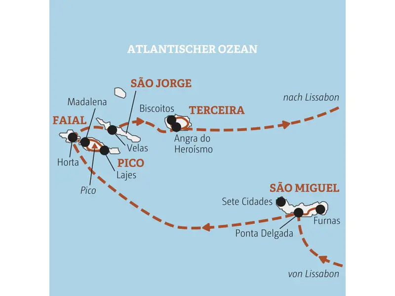 Unsere Reiseroute der Rundreise auf den Azoren startet auf São Miguel und führt über Faial, Pico, São Jorge nach Terceira.