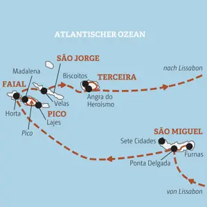 Unsere Reiseroute der Rundreise auf den Azoren startet auf São Miguel und führt über Faial, Pico, São Jorge nach Terceira.