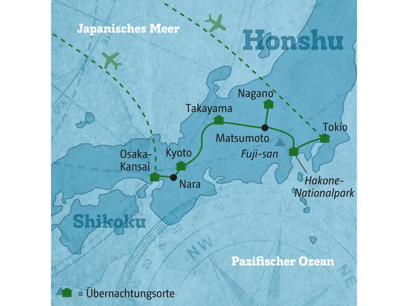 Die Reiseroute unserer Mietwagen-Entdeckertour durch Japan startet in Tokio und führt über Hakone, Takayama und Kyoto nach Osaka.