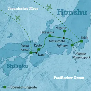 Die Reiseroute unserer Mietwagen-Entdeckertour durch Japan startet in Tokio und führt über Hakone, Takayama und Kyoto nach Osaka.