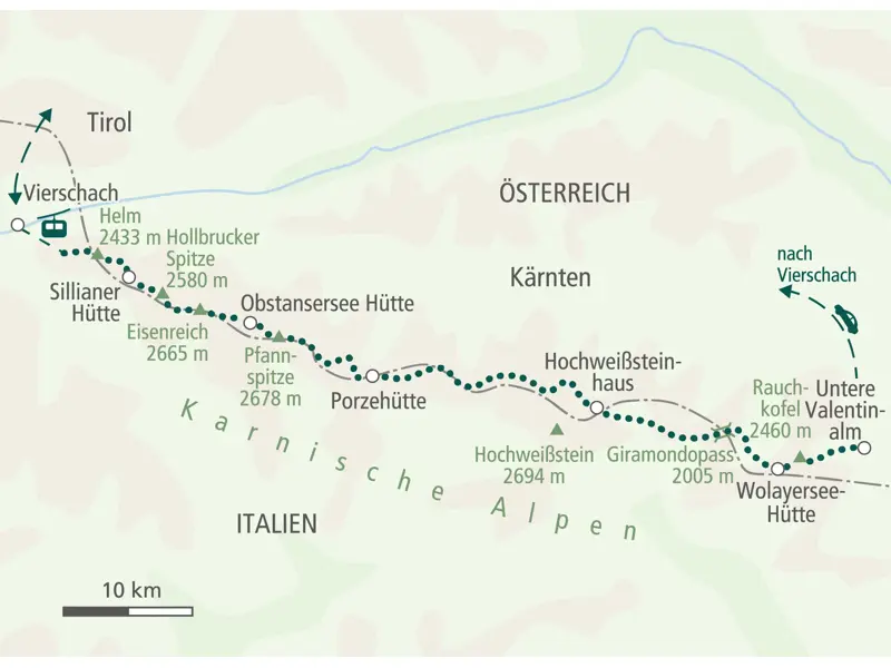 Karte der Hauser Hüttenwanderung auf dem Karnischen Höhenweg mit Route von Vierschach über Sillianer Hütte und Wolayerseehütte.