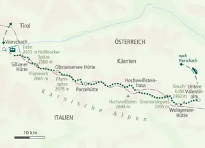 Karte der Hauser Hüttenwanderung auf dem Karnischen Höhenweg mit Route von Vierschach über Sillianer Hütte und Wolayerseehütte.
