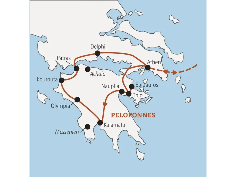 Reiseroute unserer Gruppenreise für junge Leute durch Griechenland: von Athen über den Peloponnes mit Kalamata, Olympia und Delphi.