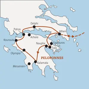 Reiseroute unserer Gruppenreise für junge Leute durch Griechenland: von Athen über den Peloponnes mit Kalamata, Olympia und Delphi.