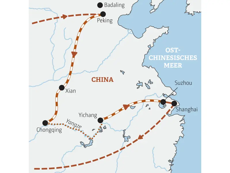 Karte der Marco Polo Rundreise in China: Die Route führt von Peking über Xian, Chongqing und den Yangze nach Suzhou und Shanghai.