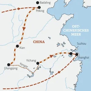 Karte der Marco Polo Rundreise in China: Die Route führt von Peking über Xian, Chongqing und den Yangze nach Suzhou und Shanghai.