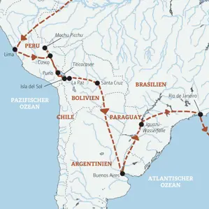 Reiseroute der Südamerika-Reise: von Lima über Machu Picchu, La Paz, Buenos Aires und Iguazú bis nach Rio de Janeiro.