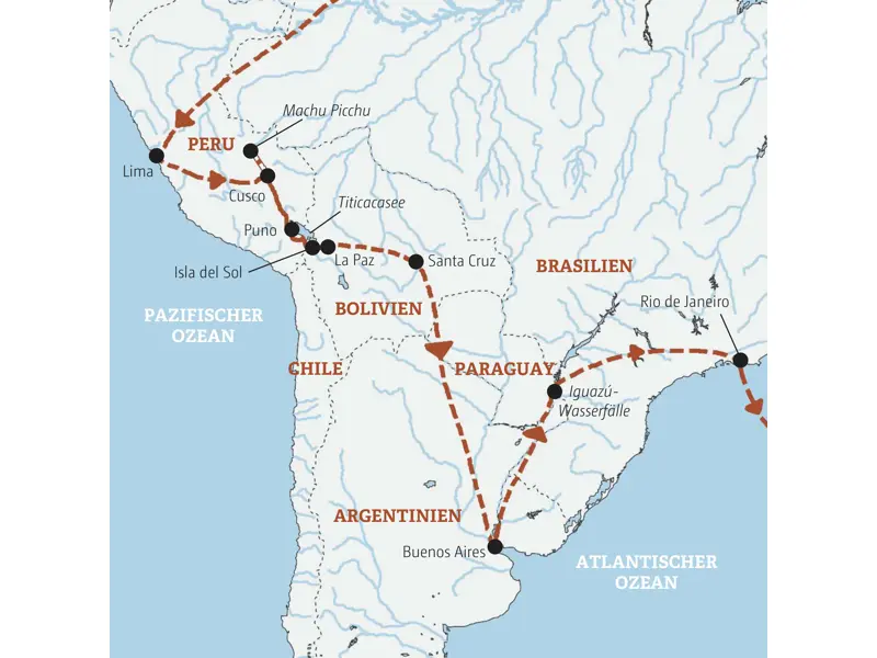 Reiseroute der Südamerika-Reise: von Lima über Machu Picchu, La Paz, Buenos Aires und Iguazú bis nach Rio de Janeiro.