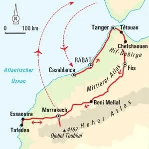 Karte der Trekkingreise durch Marokko: vom Rif-Gebirge über Fès, den Hohen Atlas und Marrakech bis an die Atlantikküste.